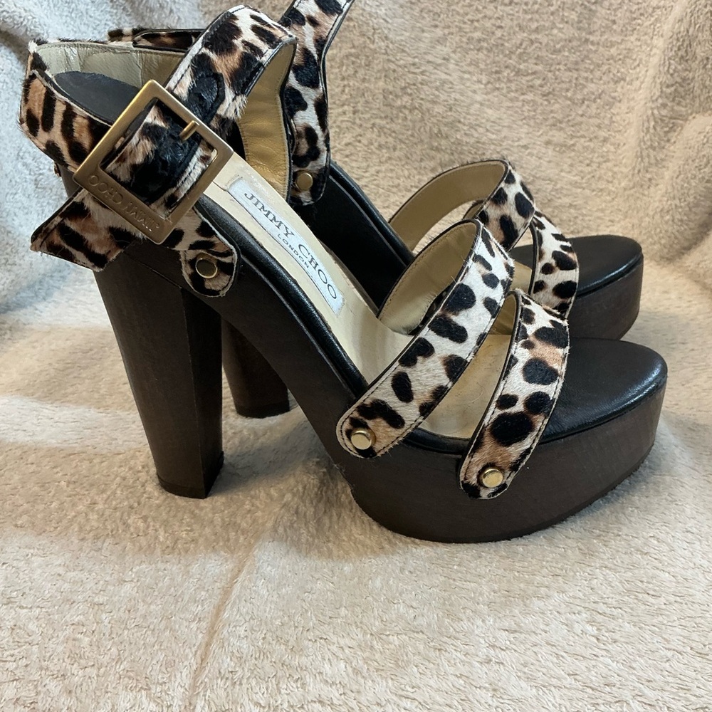Fun Jimmy Choo Leopard Print Platform Sandals - Black & Beige